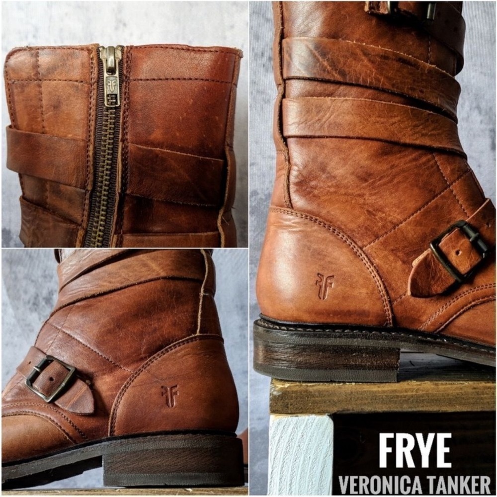 Frye Women's Tan Leather Moto Boots - Picture 7 of 8
